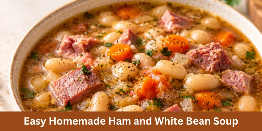 A bowl of homemade ham and white bean soup on a neutral tabletop, with white beans and pieces of ham visible in the savory soup. The finished soup is presented as a simple homemade meal.