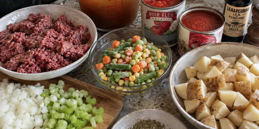 Flat lay of all ingredients on a counter – beef, onion, celery, garlic, potatoes, frozen vegetables, broth, canned tomatoes, tomato sauce, Worcestershire sauce, seasonings