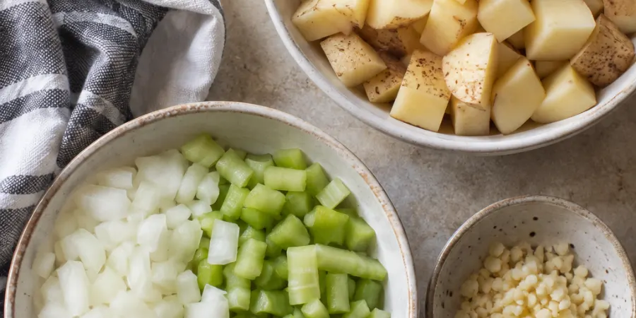 Prepped ingredients in bowls – diced onion and celery, minced garlic, and 1.5 cm potato cubes