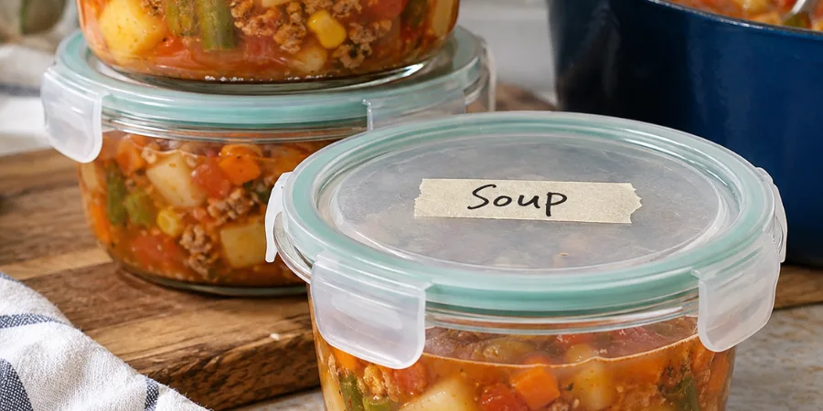 Soup portioned into airtight storage containers, labeled