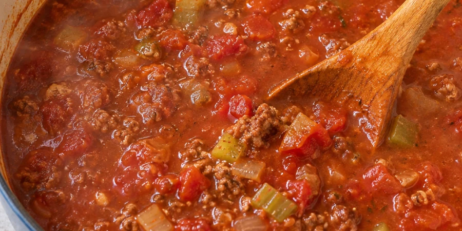 The pot after the broth, tomatoes, and tomato sauce have been stirred into the beef mixture