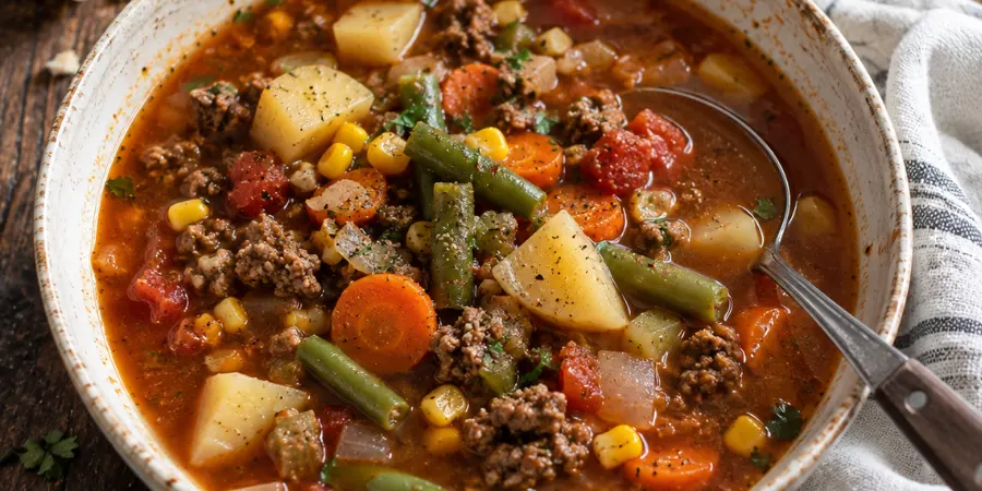 a finished bowl of hamburger vegetable soup, steam rising, with a spoon resting in the bowl