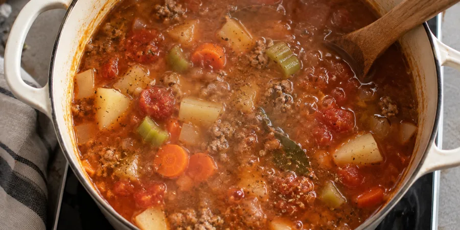 Overhead shot of the soup in the pot, just before serving