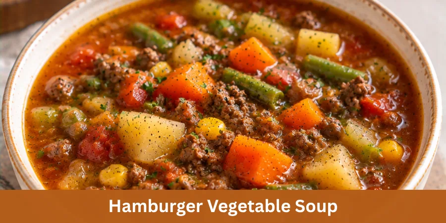 A bowl of homemade hamburger vegetable soup with browned ground beef and tender vegetables in savory broth, photographed in a cozy three-quarter view on a simple tabletop.
