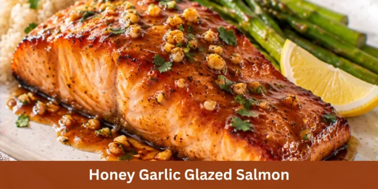 A serving of honey garlic glazed salmon with a naturally glossy honey-garlic coating, presented as a finished homemade dinner on a simple serving plate.