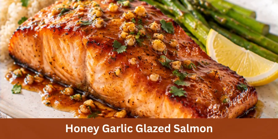 A serving of honey garlic glazed salmon with a naturally glossy honey-garlic coating, presented as a finished homemade dinner on a simple serving plate.