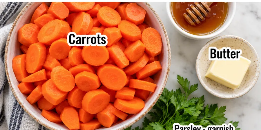 Ingredients for honey glazed carrots including carrots, honey, butter, garlic, lemon and parsley