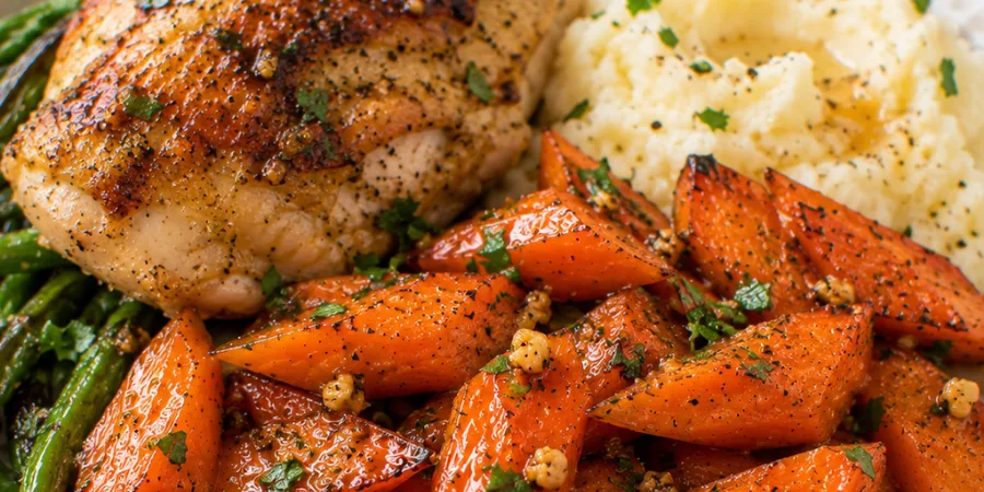 Honey glazed carrots served with roast chicken