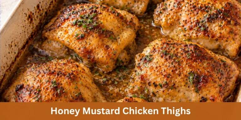 A baking dish filled with golden-browned honey mustard chicken thighs, coated in a lightly glossy sweet-tangy glaze and arranged as a finished homemade baked dinner.
