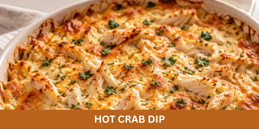 Hot crab dip in its serving dish, shown as a finished creamy appetizer with a clean and simple presentation.