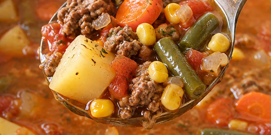 Close-up of a spoonful of soup showing beef, tender potato, and vegetables