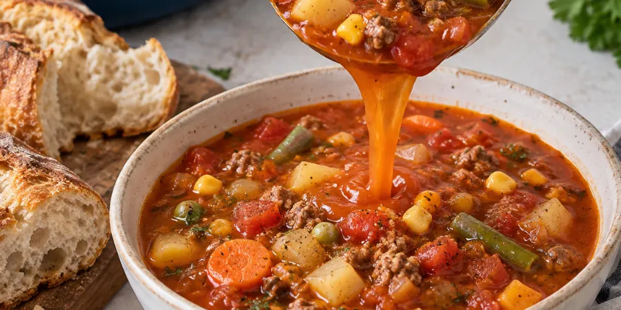 A ladle pouring soup into a bowl, with crusty bread alongside