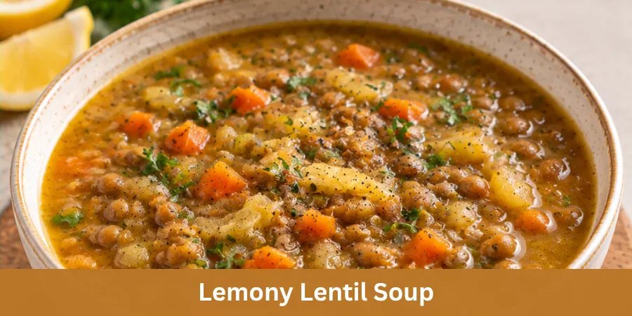 A bowl of hearty lemony lentil soup with visible lentils, served with a subtle lemon element and spoon on a simple table setting.