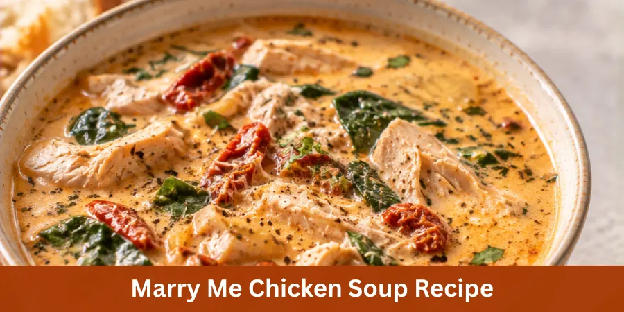 A bowl of creamy Marry Me Chicken Soup with tender chicken and visible vegetables served on a simple home dining surface with a spoon and small piece of bread nearby.