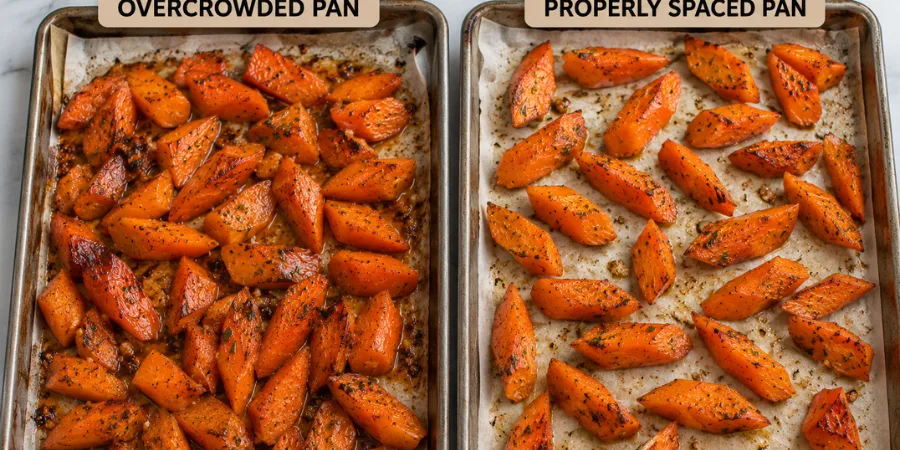 Overcrowded baking sheet compared with properly spaced carrots