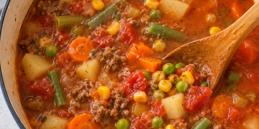 Potatoes simmering gently in the tomato broth, bay leaf in the pot