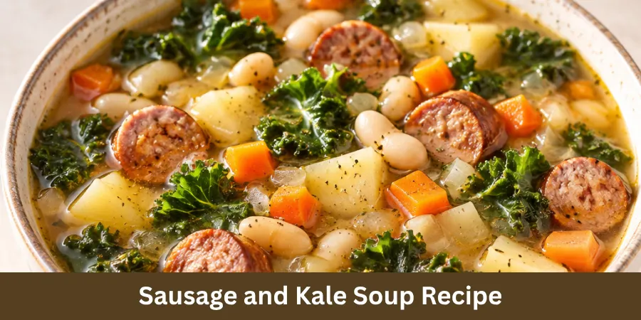 Sausage and Kale Soup in a bowl on a clean kitchen surface, with cooked sausage and kale naturally visible throughout the finished homemade soup.