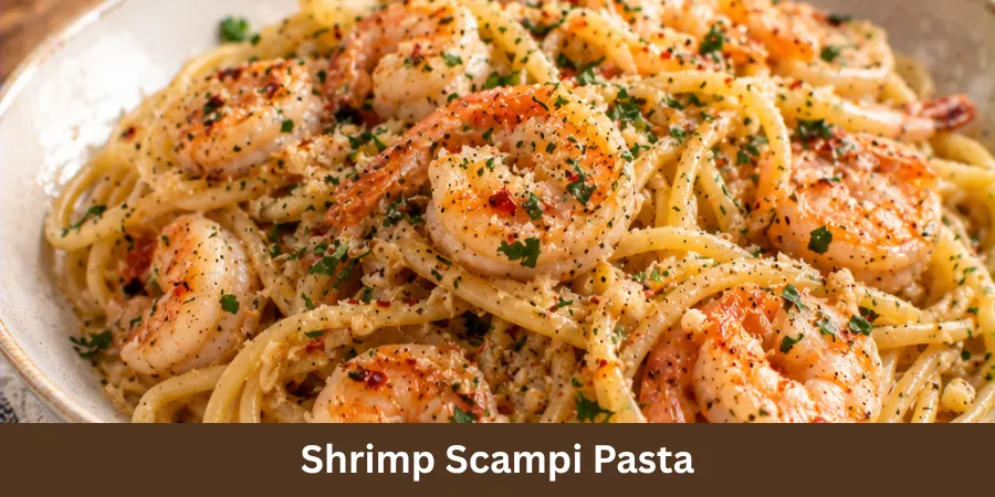 A finished serving of shrimp scampi pasta with tender shrimp and pasta coated in a buttery garlic sauce, presented in a simple neutral plate with soft natural lighting and a quiet warm background. The polished presentation shows the complete homemade meal.