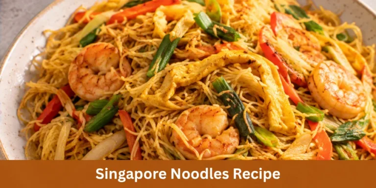 A bowl of freshly prepared Singapore noodles with rice noodles and vegetables, shown as a finished homemade dish.