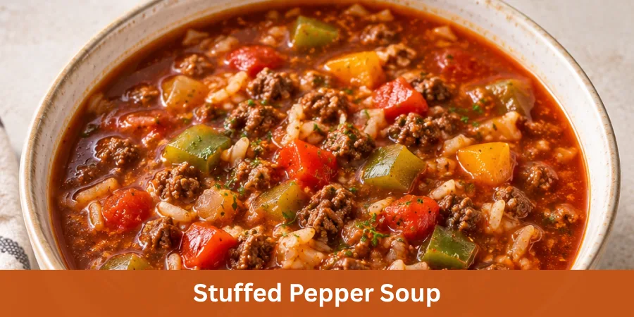 A complete bowl of homemade Stuffed Pepper Soup with ground beef, bell peppers, tomatoes and rice, photographed on a simple tabletop in natural light.