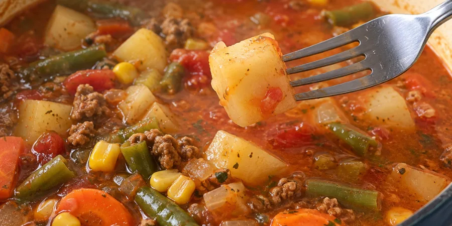 A fork piercing a potato cube in the soup to test doneness