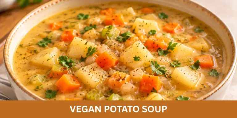 A bowl of vegan potato soup served on a neutral surface with a spoon and linen cloth in a softly lit home kitchen setting.