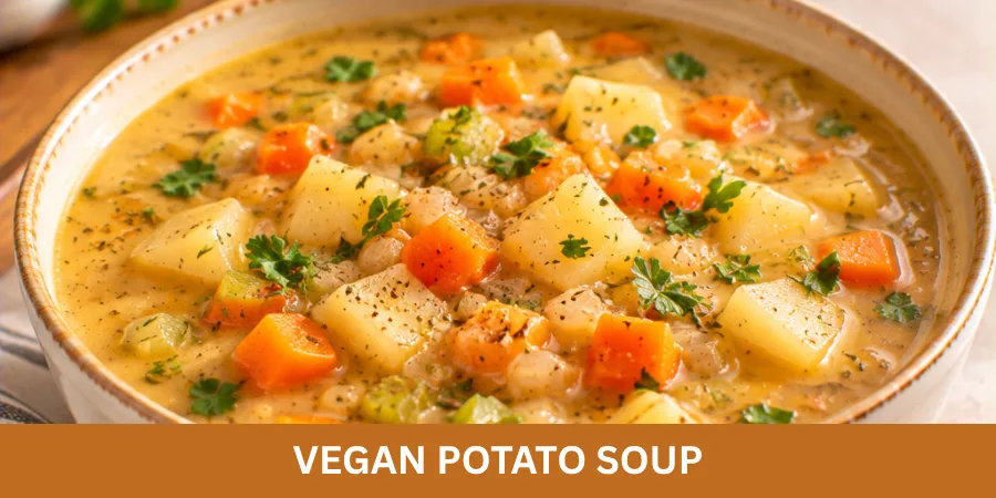 A bowl of vegan potato soup served on a neutral surface with a spoon and linen cloth in a softly lit home kitchen setting.