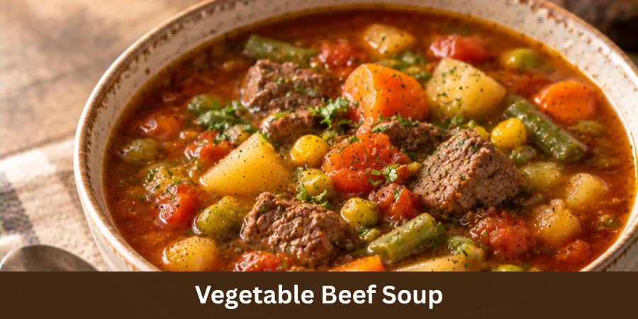 A rustic ceramic bowl filled with hearty vegetable beef soup, with tender beef pieces and mixed vegetables visible in a rich broth, served with a simple spoon on a warm wooden table.