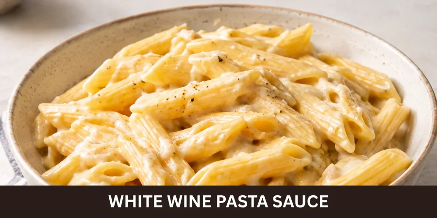 A finished pasta dish coated in white wine pasta sauce, shown from a 45-degree angle with the sauce clearly visible over the pasta on a clean serving surface. The image presents the sauce as a finished homemade pasta recipe.