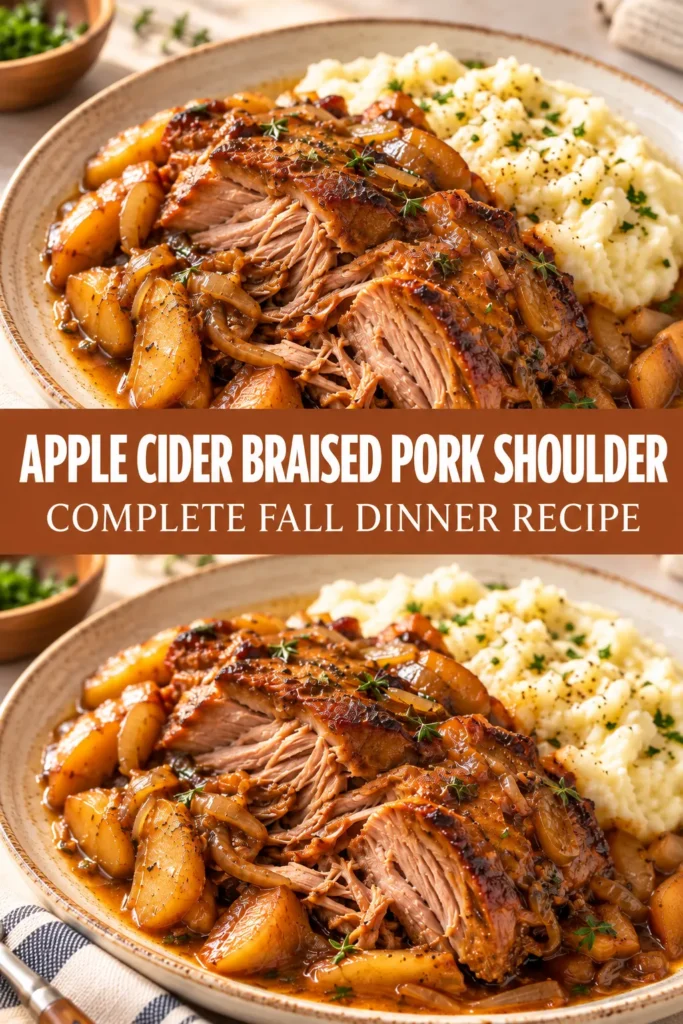 Apple Cider Braised Pork Shoulder served with creamy mashed potatoes in a simple finished dinner setting.