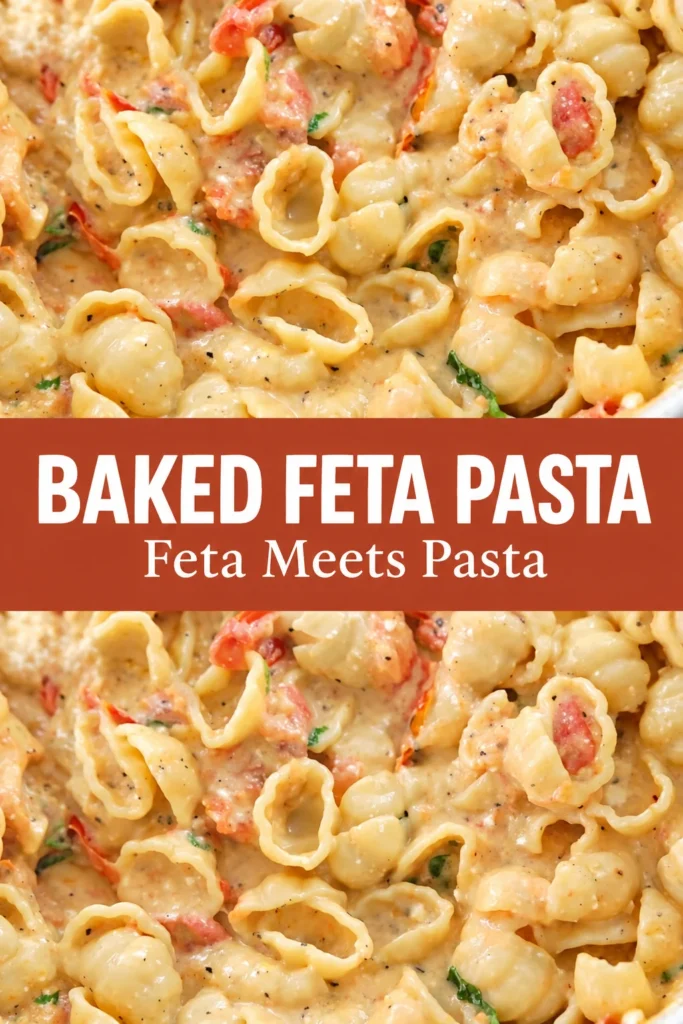 Creamy baked feta pasta with shell-shaped pasta, roasted tomatoes, melted feta, and herbs, topped with a red banner reading “BAKED FETA PASTA” and the subtitle “Feta Meets Pasta.”