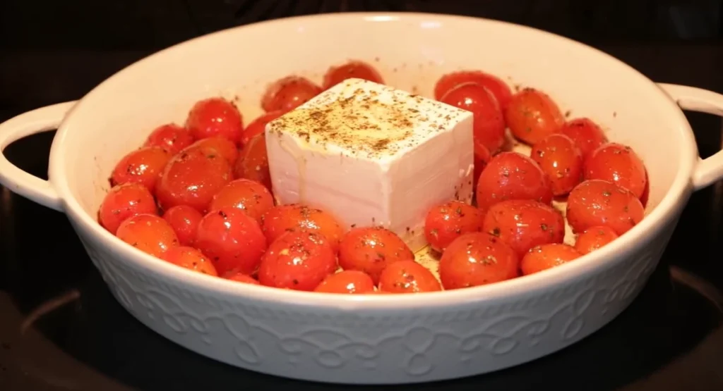 Block of feta surrounded by seasoned cherry tomatoes in a white baking dish before roasting