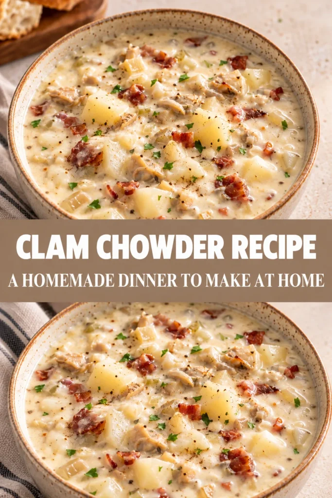 A bowl of homemade clam chowder served on a warm neutral table with a simple serving spoon in a natural home setting, presented as a finished recipe for a homemade meal.