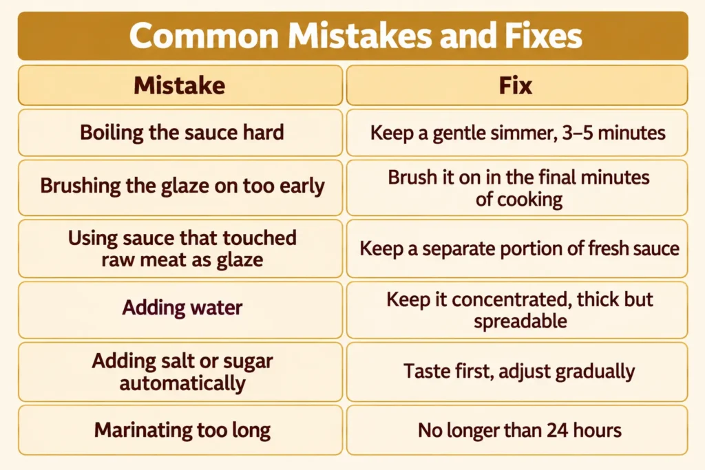 Table of common char siu sauce mistakes and how to fix them