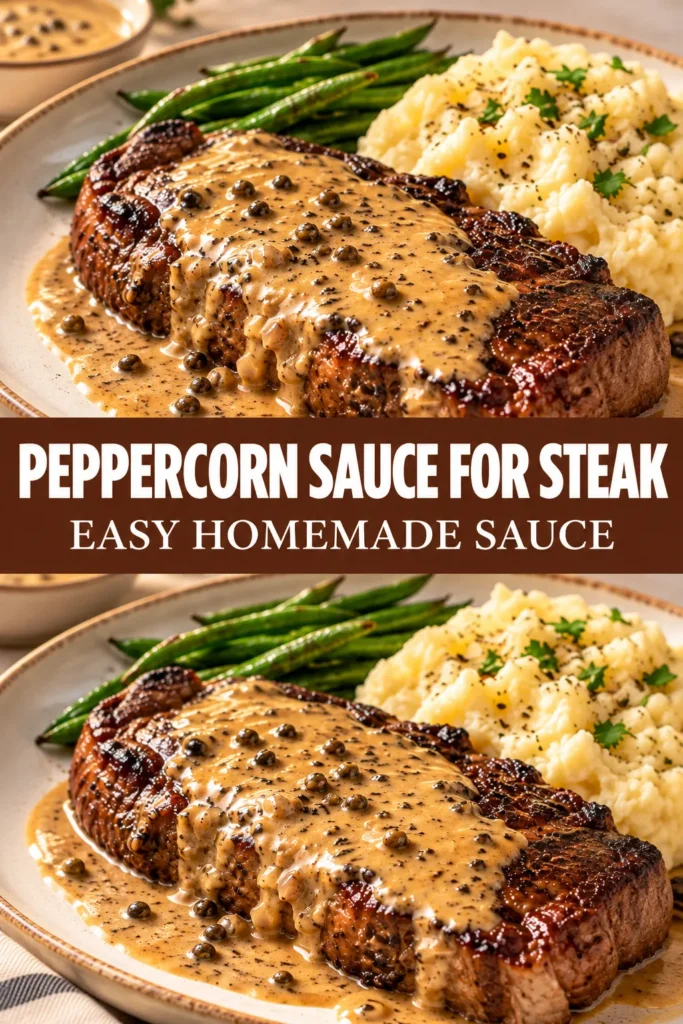 A cooked steak plated with creamy peppercorn sauce on a clean neutral serving surface, with naturally visible peppercorns in the sauce and a simple refined presentation.