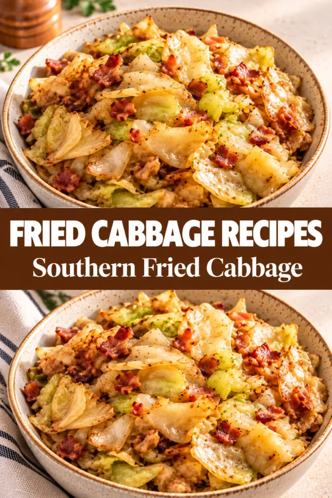 Fried cabbage recipes idea showing Southern Fried Cabbage in a simple dish on a warm kitchen surface, with naturally cooked cabbage pieces, soft folds and subtle moisture.