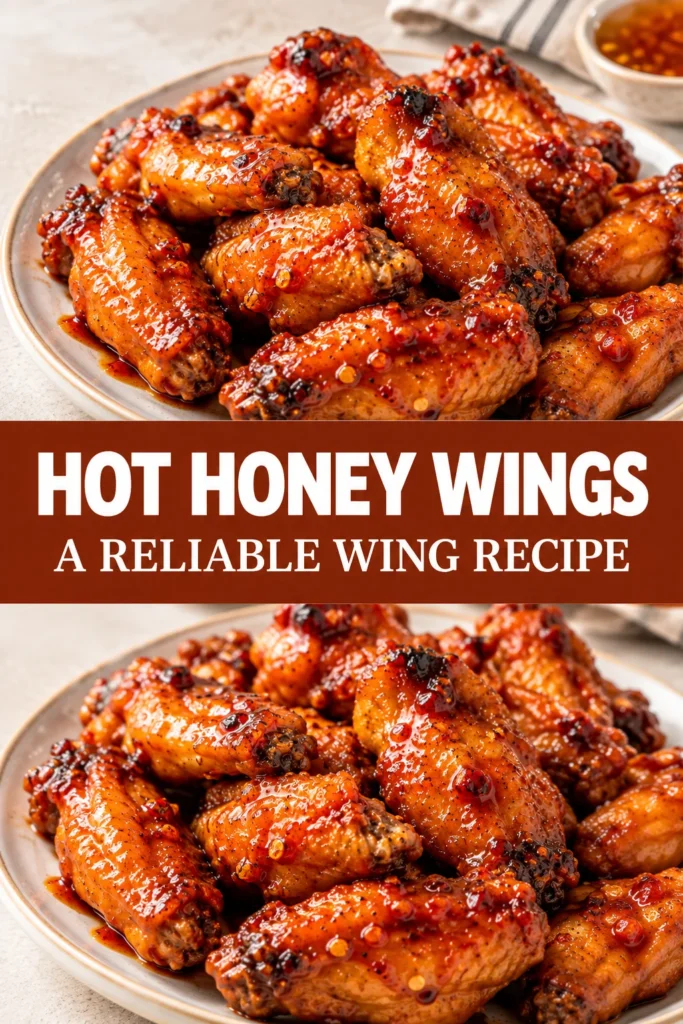 A plated serving of Hot Honey Wings with a glossy sweet-spicy coating, arranged neatly on a simple plate with a clean neutral kitchen setting in the background. The image presents the finished wings as a complete homemade recipe.