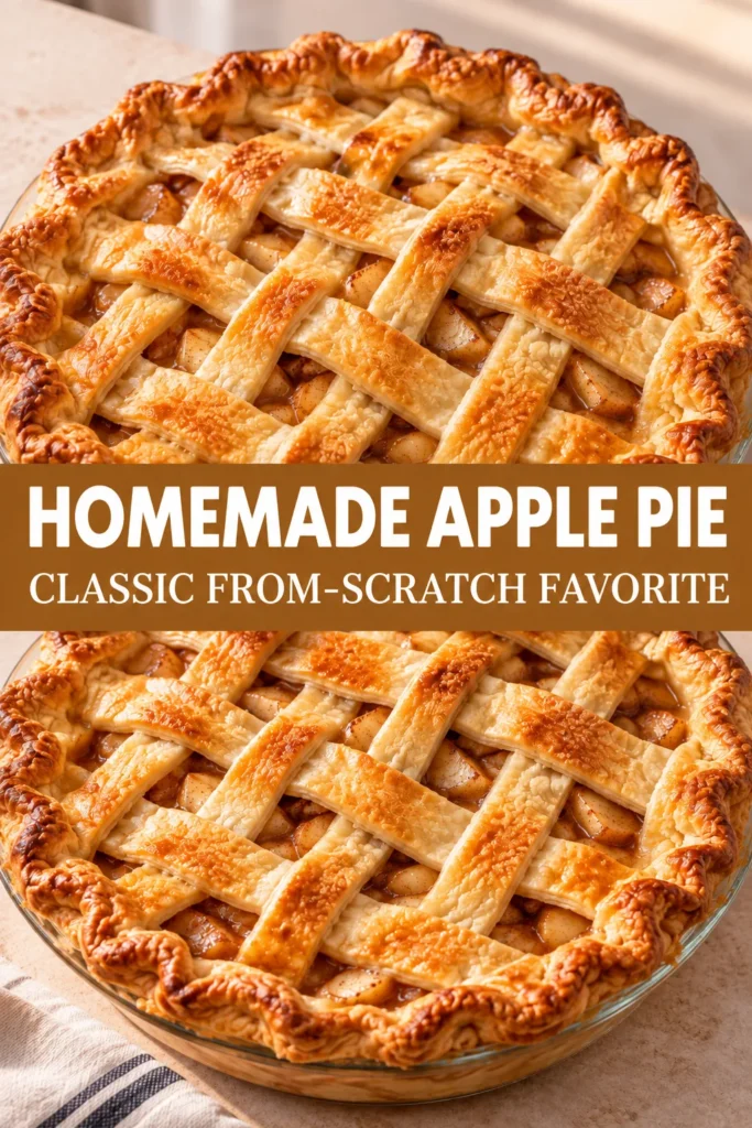A whole homemade apple pie with a golden baked crust on a warm neutral surface, with the complete pie clearly visible and a slice placed as a secondary detail. The image presents a classic finished apple pie for home baking inspiration.