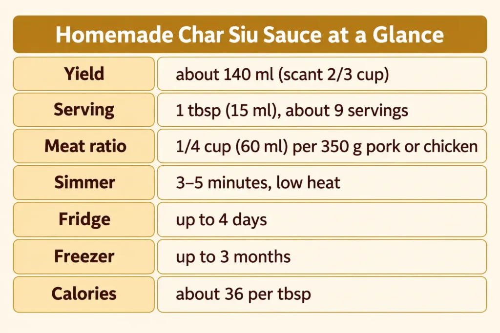 Table showing Homemade Char Siu Sauce yield, serving size, meat ratio, simmer time, storage and calories