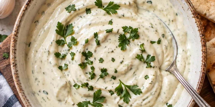 Creamy homemade shawarma sauce in a rustic bowl topped with fresh parsley and served with pita bread