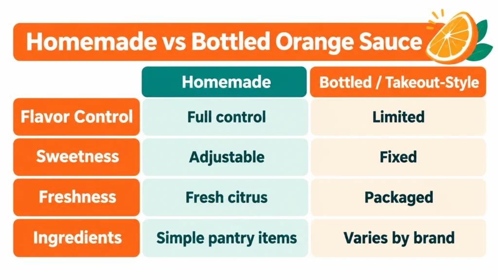 Comparison table of homemade orange sauce versus bottled sauce for flavor, sweetness, freshness and ingredients