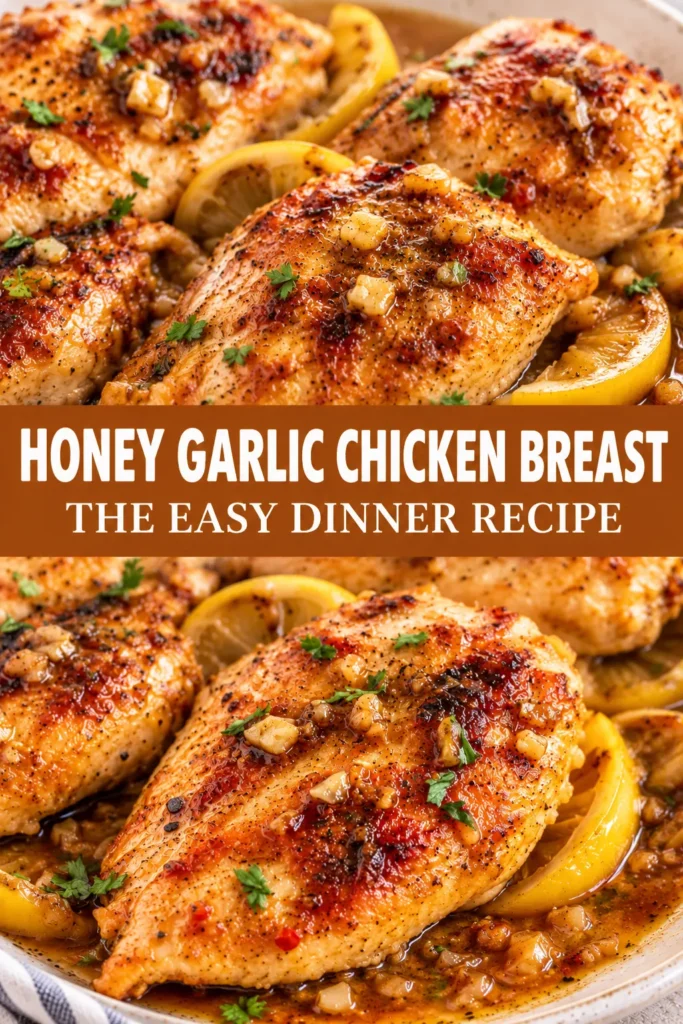 A polished plate of Honey Garlic Chicken Breast with several intact pieces coated in a light glossy glaze, presented on a neutral surface with a simple fork and napkin in a clean home dining setting.