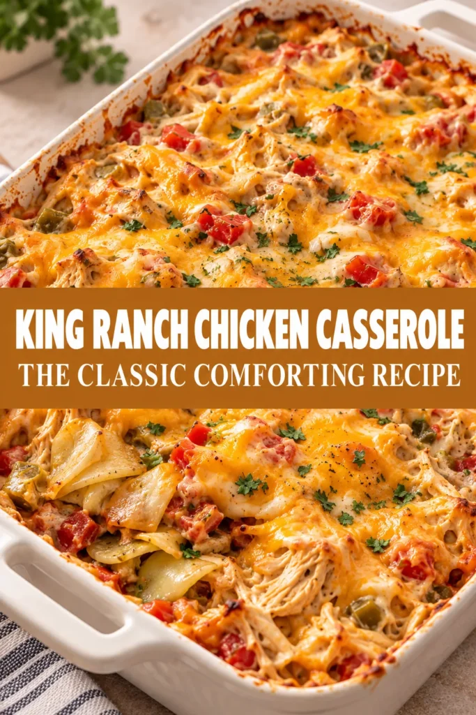 King Ranch Chicken Casserole baked in a casserole dish on a simple food-photography surface, shown from a moderately elevated three-quarter view with a naturally browned top and melted cheese.