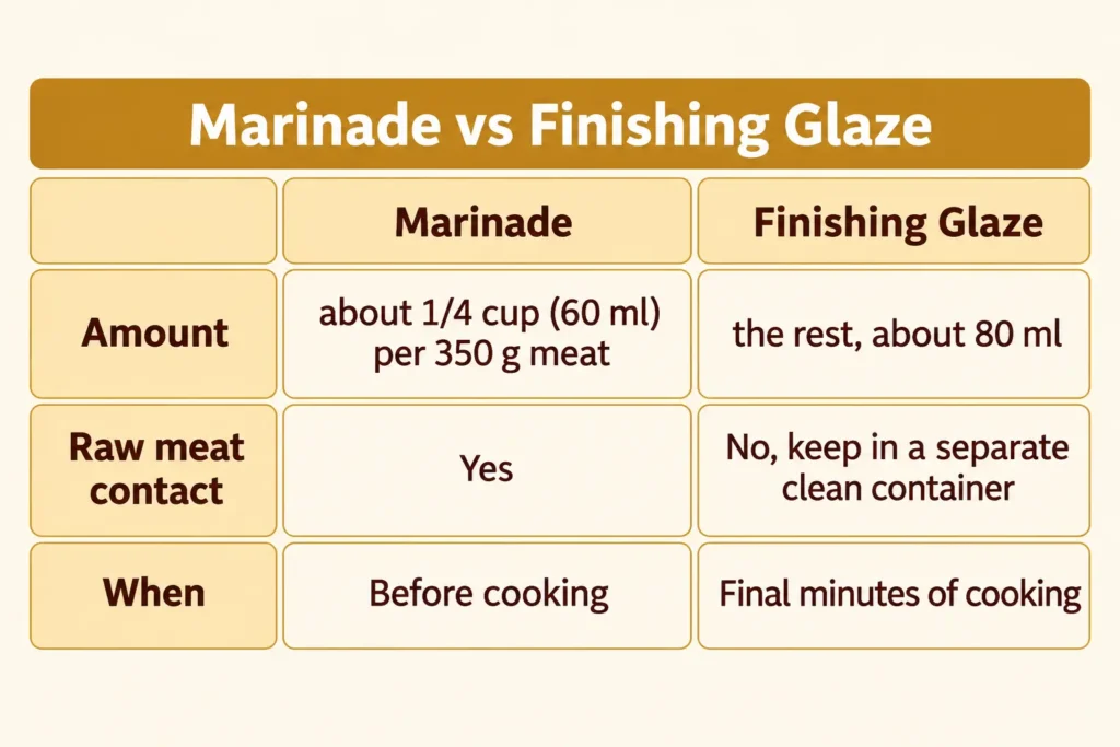 Comparison table of char siu sauce marinade portion versus finishing glaze portion