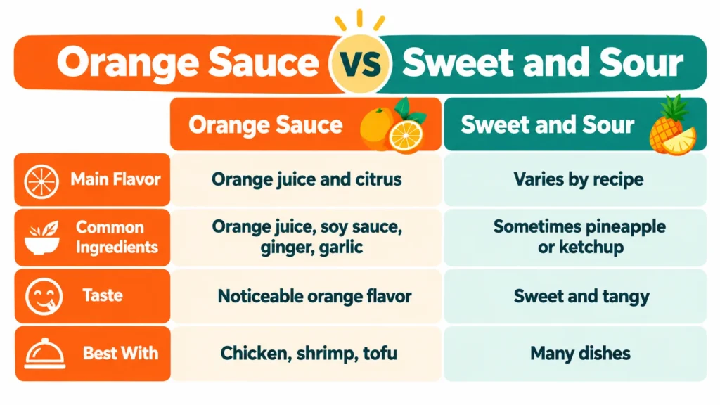 Comparison table of orange sauce versus sweet and sour sauce by flavor, ingredients, taste and best uses