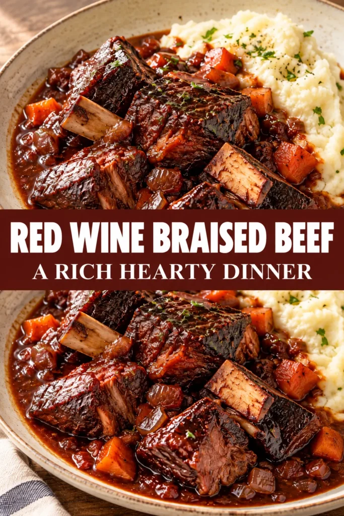 A finished serving of tender braised beef presented as the centerpiece of a complete dinner, with simple dinnerware and a neutral linen on a warm dining surface.