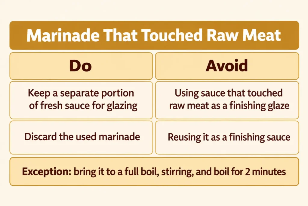 Table showing what to do and what to avoid with marinade that touched raw meat