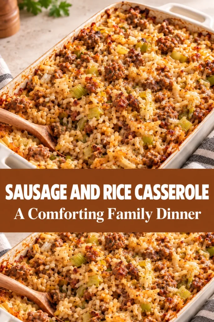 A finished sausage and rice casserole in a baking dish with browned sausage and tender rice, presented on a dining table with a simple serving utensil in a warm home setting.