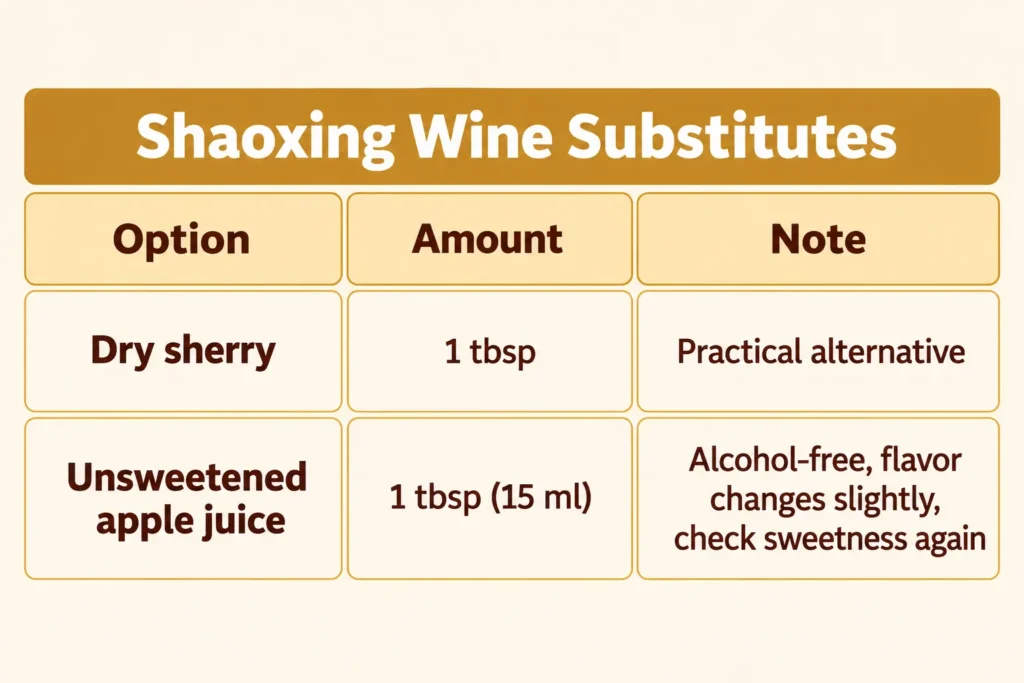 Table of Shaoxing wine substitutes: dry sherry and unsweetened apple juice, 1 tablespoon each