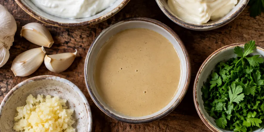ngredients for shawarma sauce including Greek yogurt, mayonnaise, tahini, garlic, lemon, parsley, cumin and salt arranged in small bowls